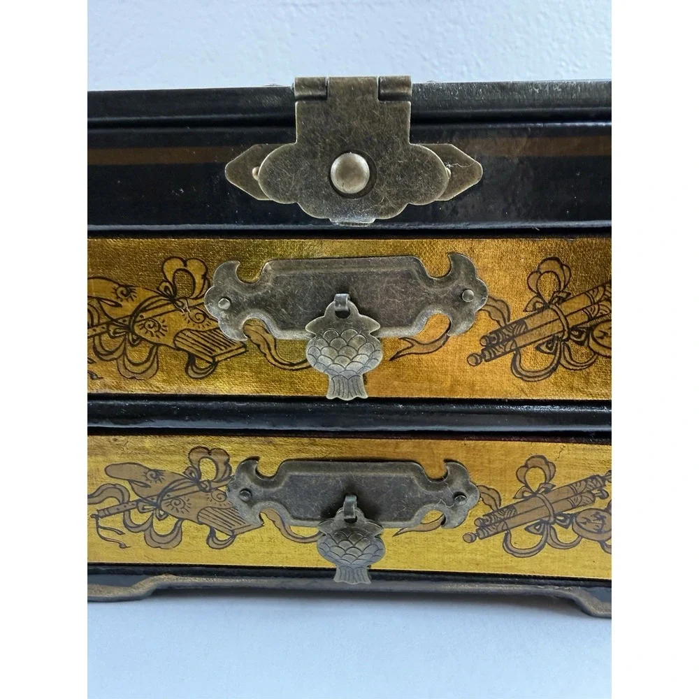 Antique Chinese Wood Lacquered Makeup Oval Vanity Fold Up Mirror Jewelry Box